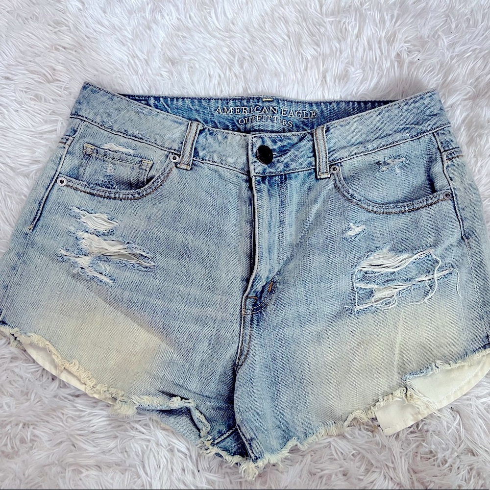 AE US 10 Distressed High Rise Denim Shorts